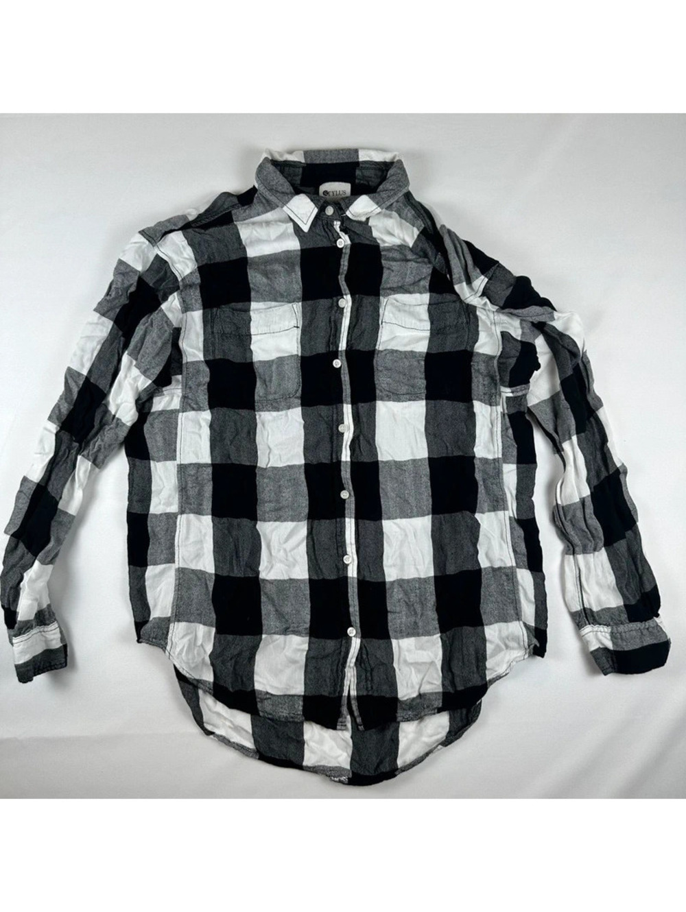Stylus Womens Flannel Shirt Sz XL Black White Buffalo Plaid Button Up 100% Rayon